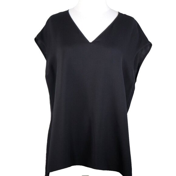 Lafayette 148 Women's Size Large Black Silk Short Sleeve V-Neck Blouse Shirt Top - Picture 1 of 6
